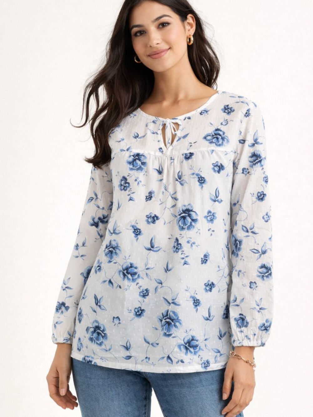 NWOT NorthStyle Blue Floral Blouse Lightweight Cotton Boho Cottagecore Top Sz M